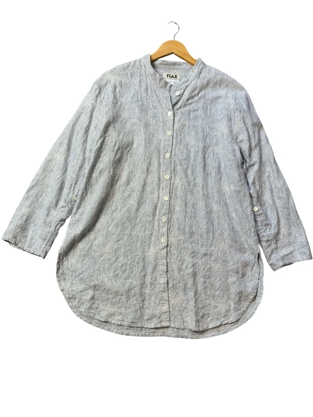 FLAX 100% Linen Button-Down Roll-Tab Floral Embroidered Tunic Shirt Dress size M